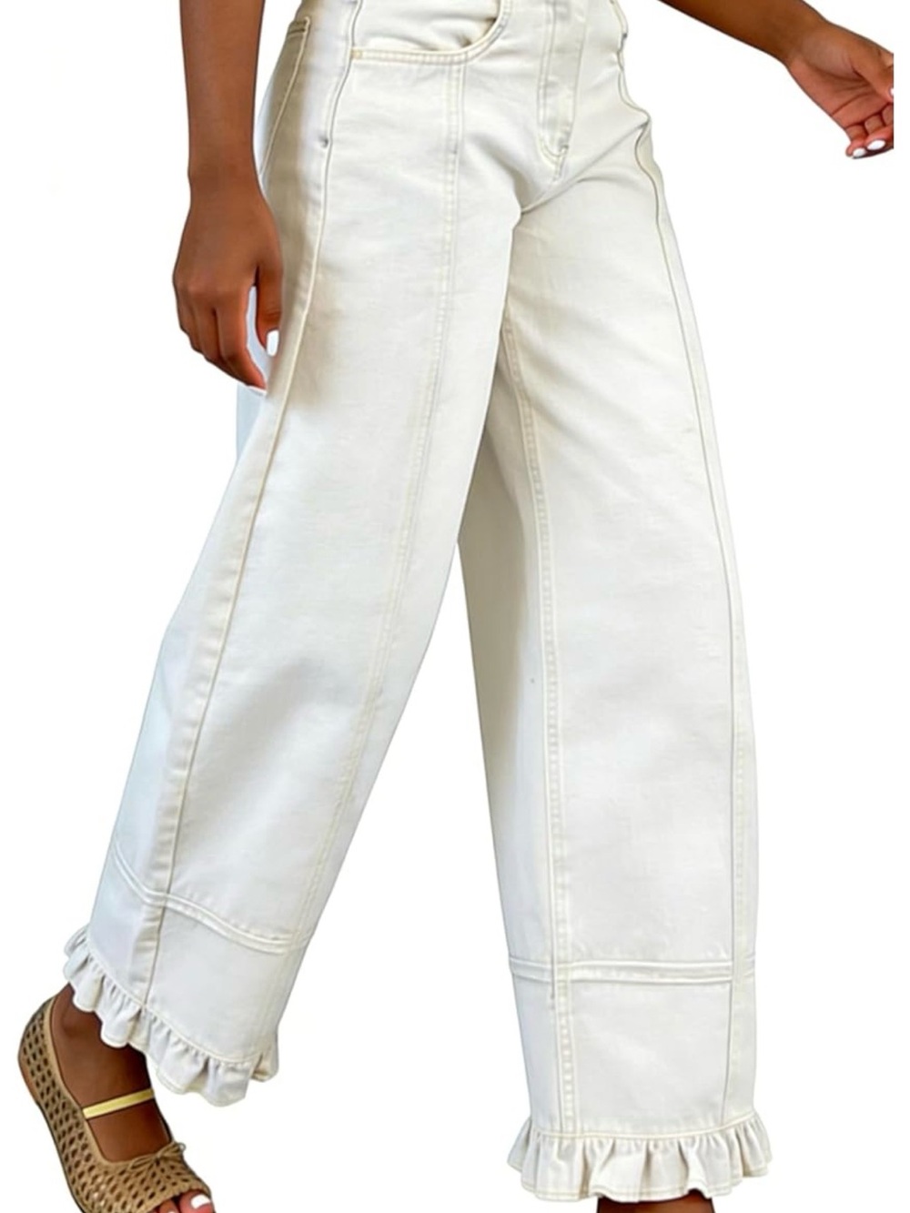 White Wide-Leg Jeans with Ruffle Hem - Picture 2 of 4